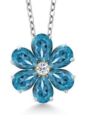 Elegant Pear Shape Flower Pendant Necklace | Gemstone Birthstone & White Topaz
